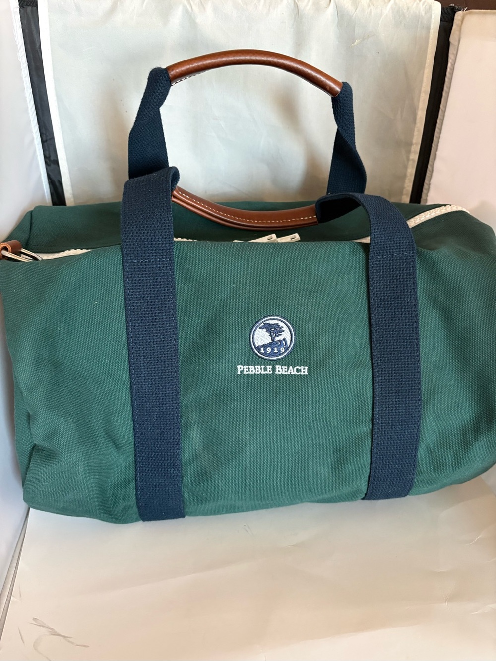 Hudson Sutler Pebble Beach Green Canvas leather Duffel Bag with Navy Straps
